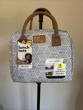 Fit + Fresh Gray Geometric Tote Lunch Bag with Brown Handles